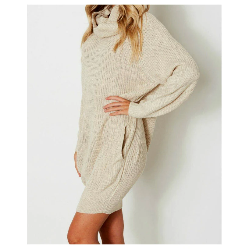 Women New Fashion Turtleneck Spring Autumn Dress Ladies Loose Pocket Wool Sweater Dress Casual Knitted Dress