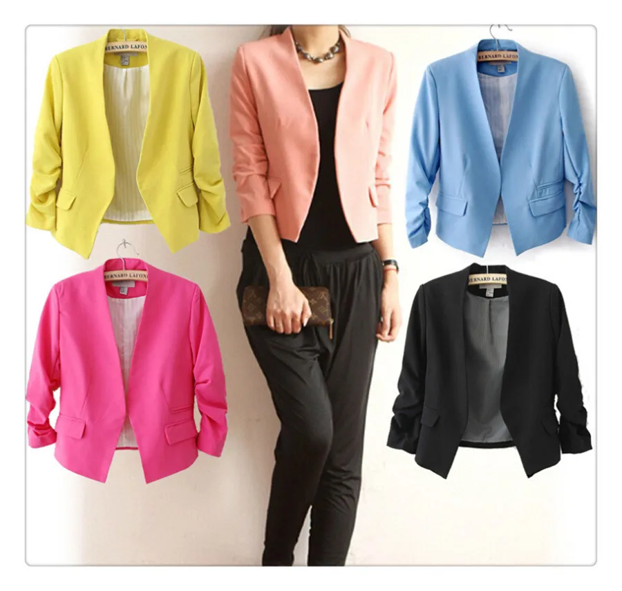 Solid Colors Jacket for Women Foldable Half Sleeves Lapel Coat Lened