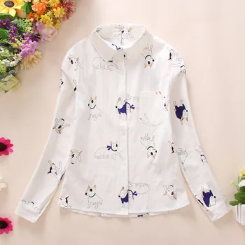 

Cartoon Print Cotton Womens Tops And Blouses Autumn Stylish Turn-Down Collar Blouses Slim Women Student Wear Shirts Girl Tops