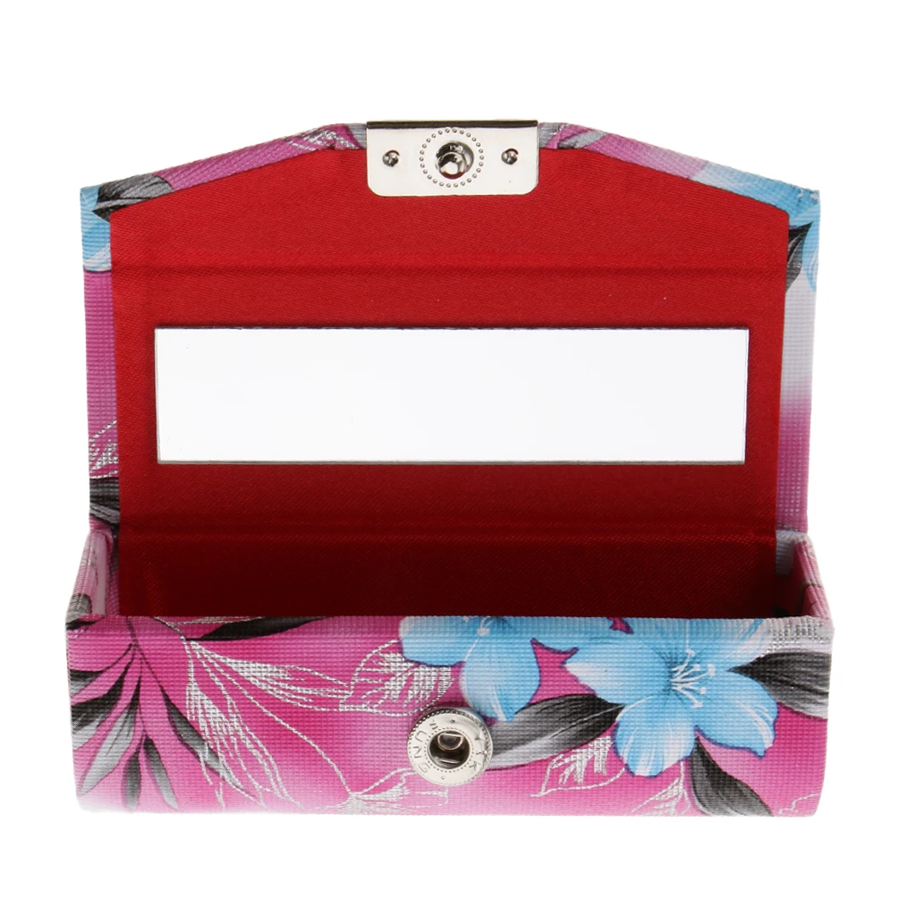 Leather Lipstick Case Holder With Mirror,Chinese Traditional Flower Design Makeup Jewelry Holder Box Lip Balm Carry Case Travel