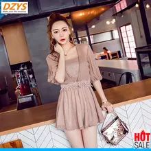 Летний Большой v воротник five cent рукавом Высокая талия показать тонкие темперамент широкий ноги даже DZYS-CX платье Шорты