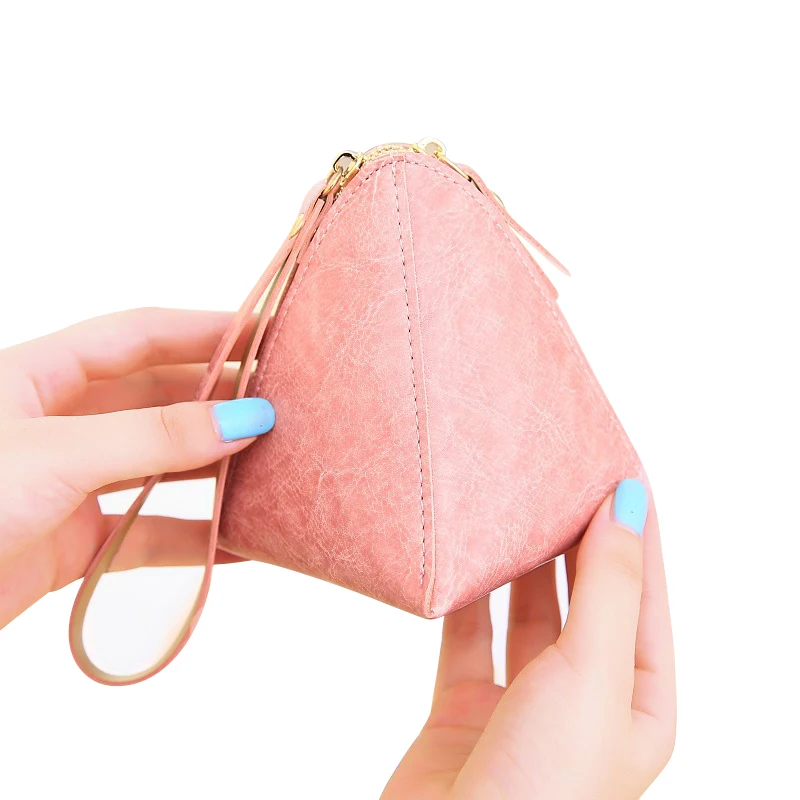 Pink Color Cute Pyramid Wristlet Coin Wallet for Women Ladies Small Oil Leather Purse HandBag ...