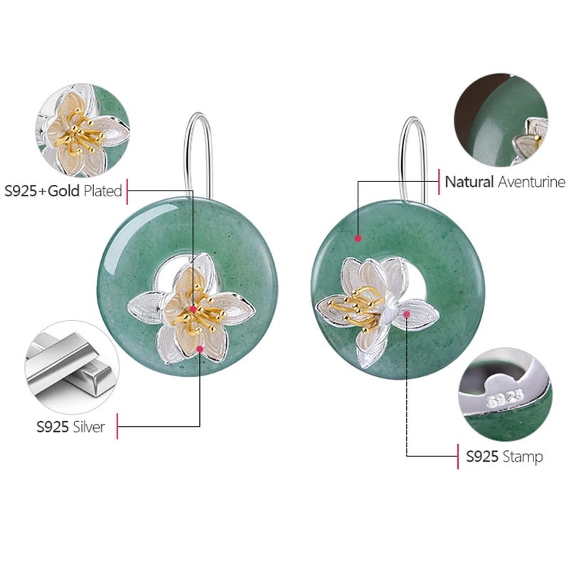 Lotus Fun Genuine 925 Sterling Silver Earrings for Women Round Green Aventurine Flower Hook Drop Earring valentines day gift