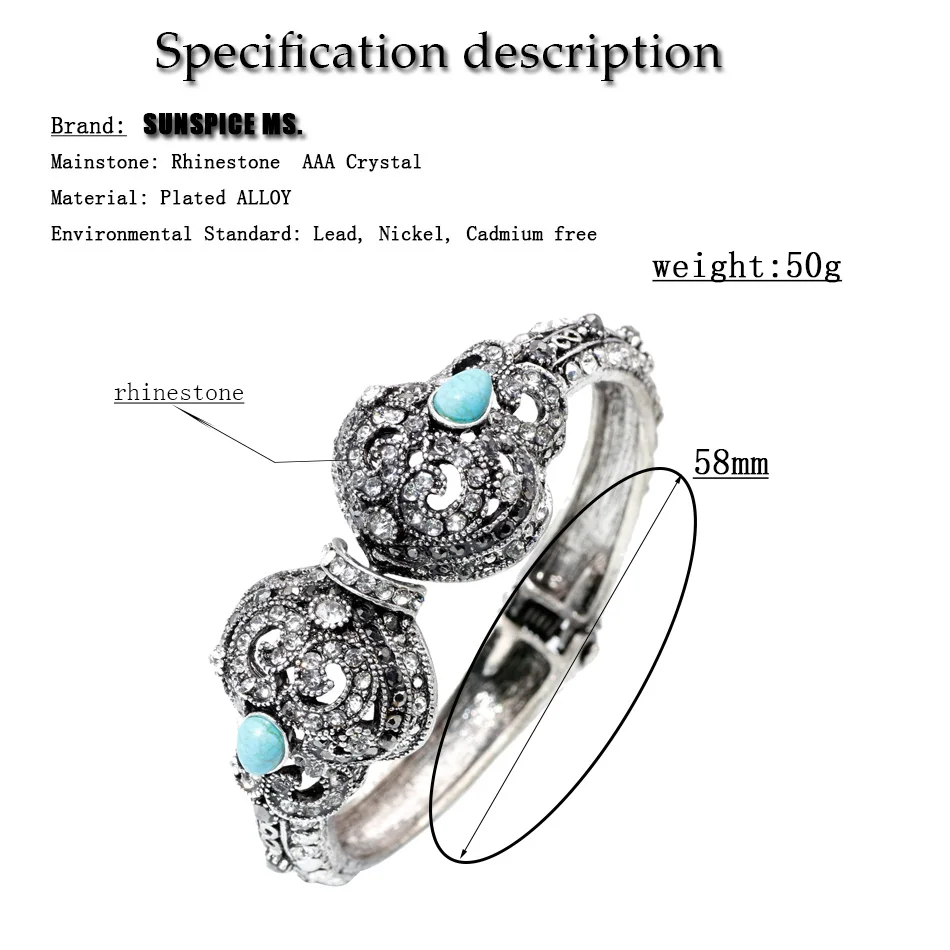 SUNSPICE-MS retro silver color turkish flower bangle for women ethnic wedding rhinestone jewelry vintage indian cuff bracelet