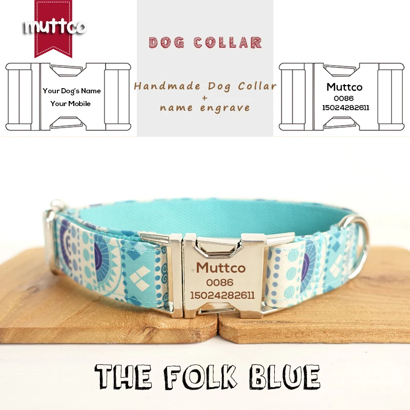 

MUTTCO Custom ID collar retailing high quality handmade collar fashionable Anti-lost THE FOLK BLUE dog collar 5 sizes UDC023