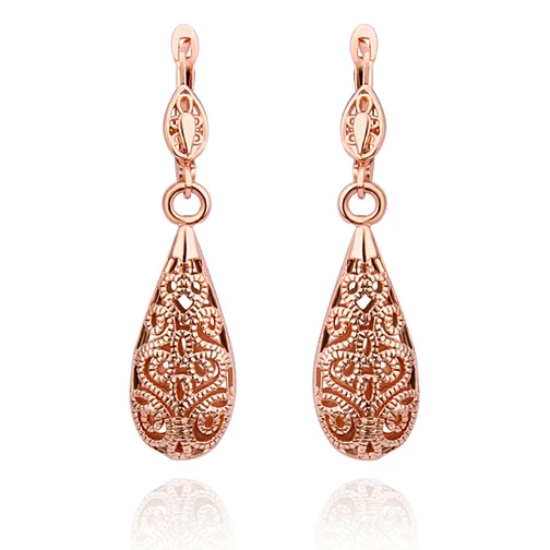 

USTAR Rose Gold color Hollow out Flower Drop Earrings Long earrings for women Fashion Jewelry top quality