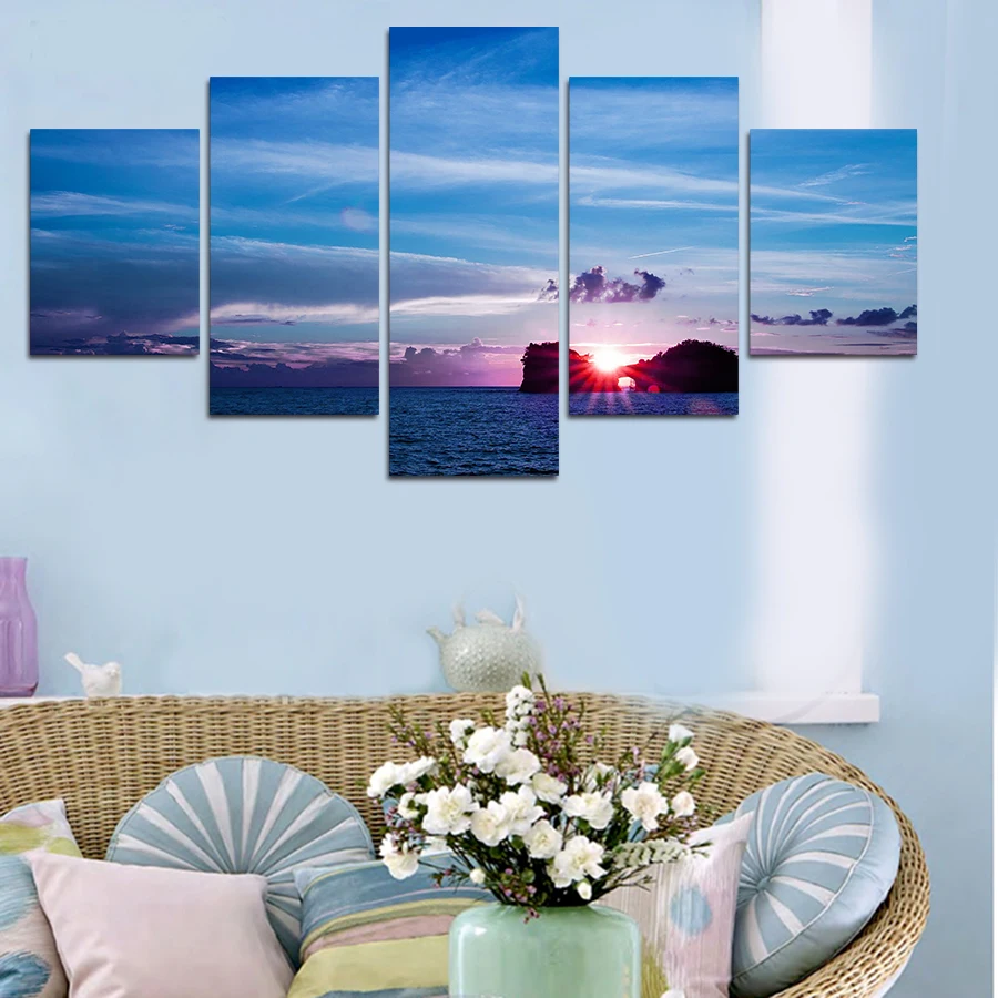 5 Panels Colorful City Printed Canvas Painting Living Room Beautiful
