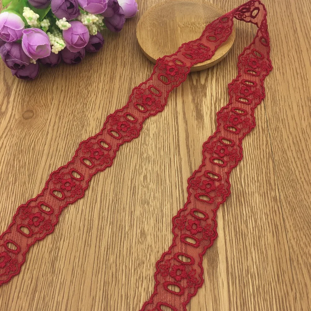 

Dark red Hollow Embroidered Tulle Lace Trim Mesh Ribbon in Double Edge 2.5cm width