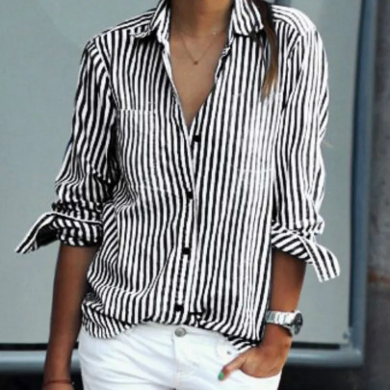 2018 Новый Для женщин в полоску рубашка с длинными рукавами свободные blusas Femme осень