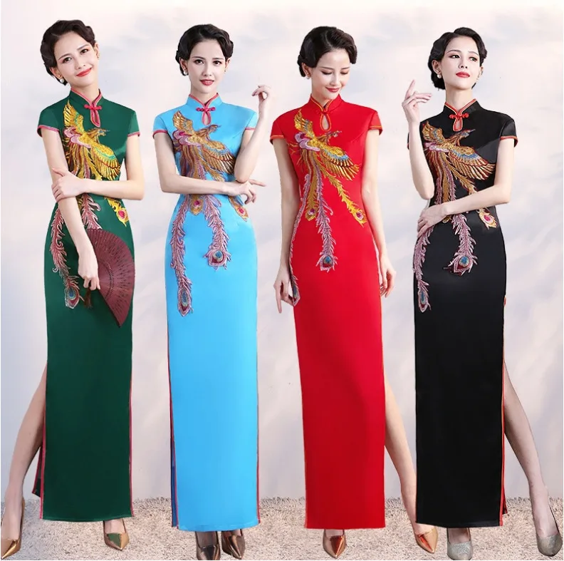 Зеленый Cheongsam для женщин традиционное платье пикантные Свадебные Qipao вышивка китайский Восточный платья для Vestidos Formales Длинные Qi Pao