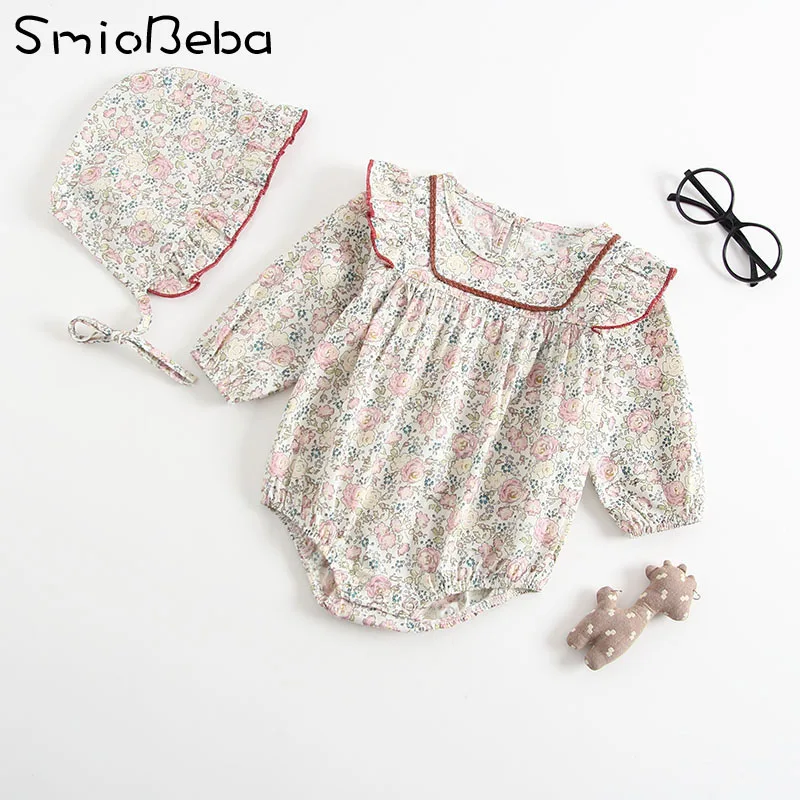 Smiobeba Vintage Rompers Newborn Baby Girls Long Sleeve Romper Hat Jumpsuit Autumn Children Kids Outfit Clothes 2pcs Baby Romper (13)