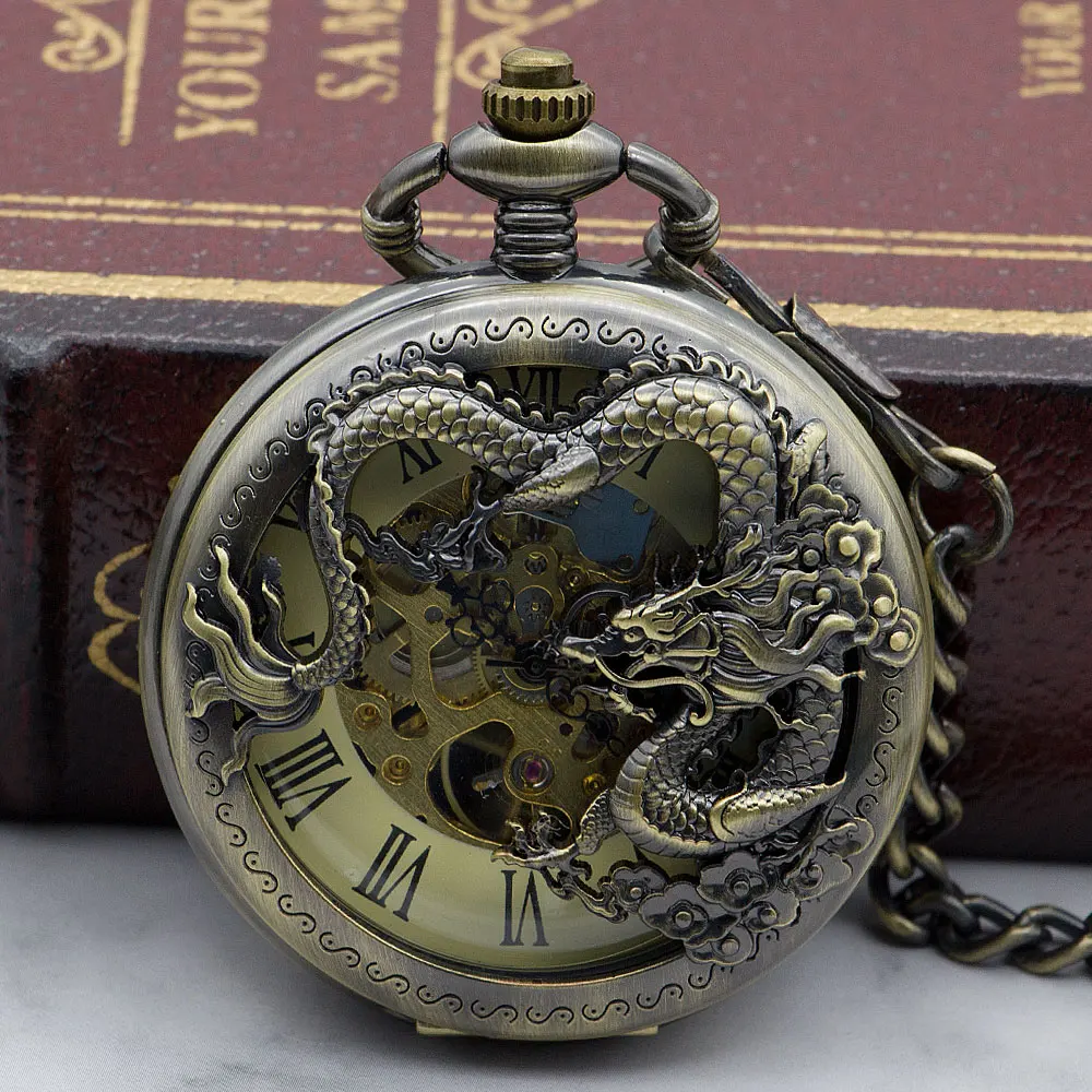 

Vintage Chinese Dragon Hand Wind Mechanical Pocket Watch With Chain Skeleton Watches Steampunk Men Watch PJX1329