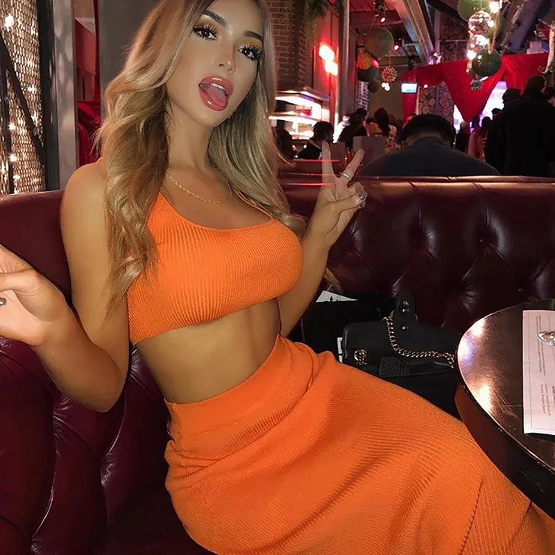 

Neon Orange Rib Knit Sexy Two Piece Set Crop Top and Long Skirt 2piece Clubwear Summer Sets for Women 2019