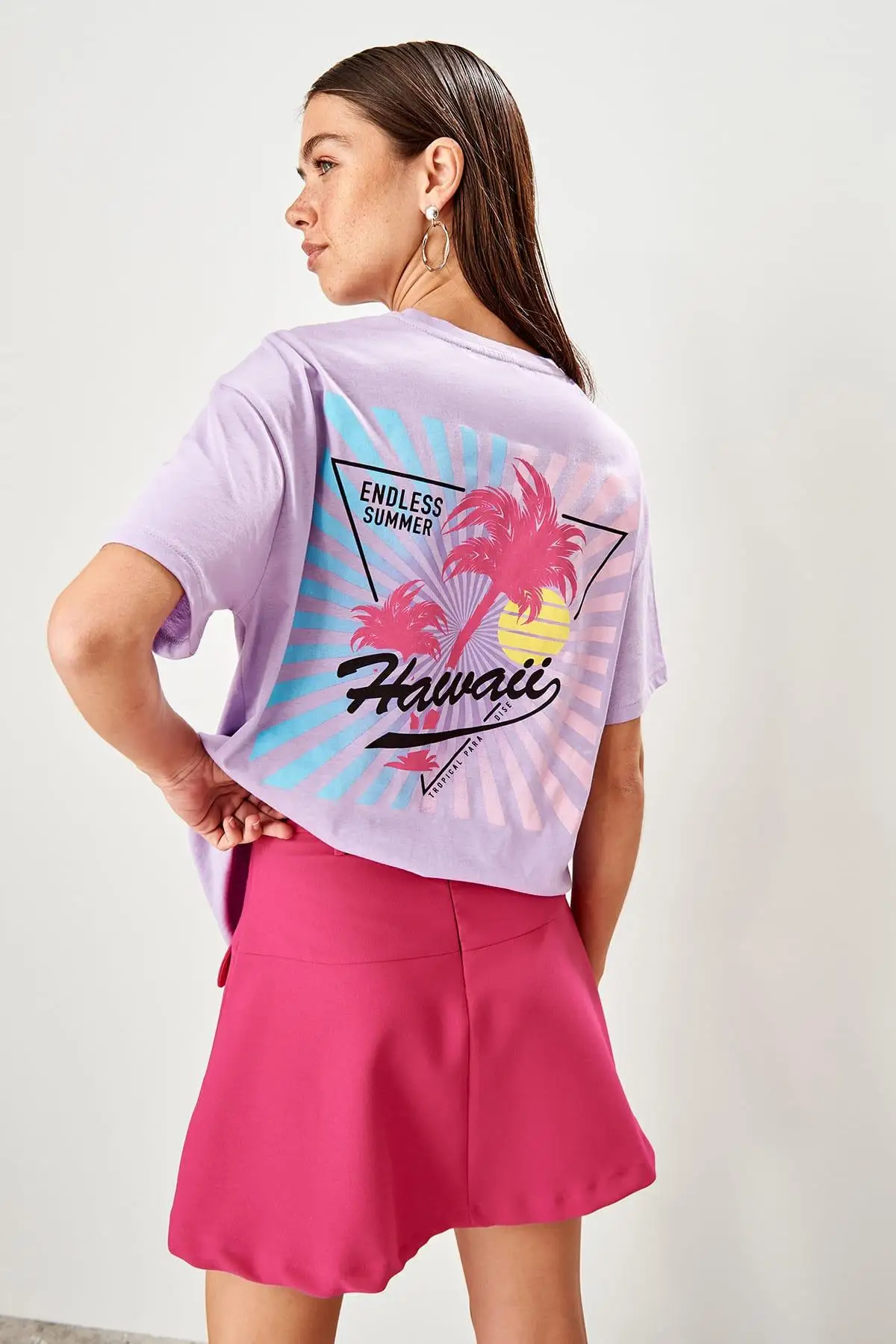 

Trendyol Lilac Printed Boyfriend Knitted T Shirt TWOSS19GS0140