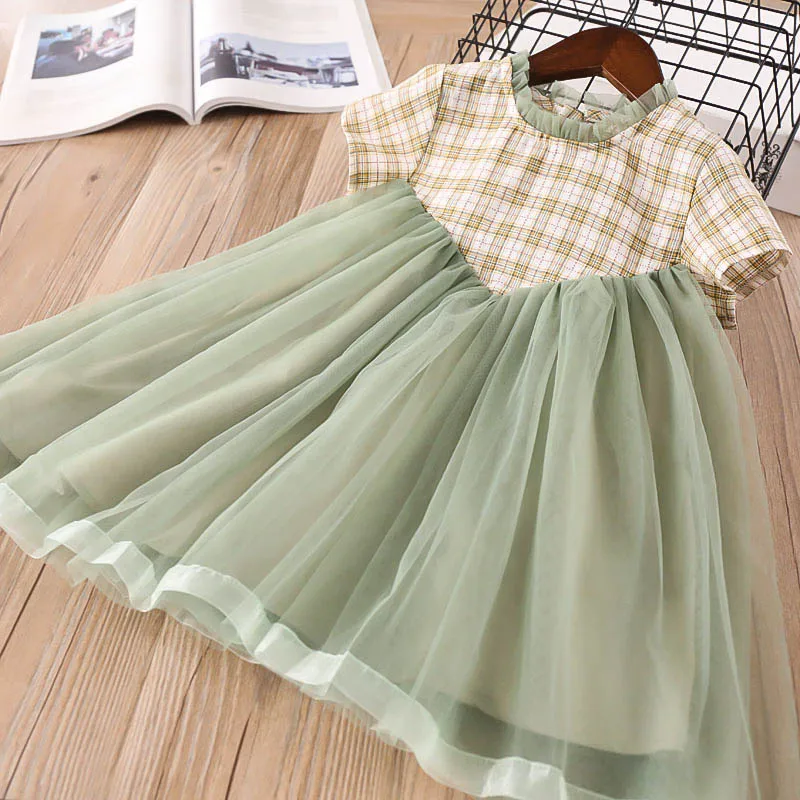 

Hurave infant tutu ball gown mesh princess patchwork cotton Children short Sleeve plaid dress causal Baby Girls Clothes dresses