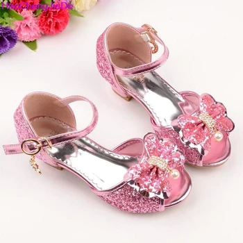

HaoChengJiaDe Kids Sandals Lace Bowtie Princess Child Shoes Soft Leather Sandals Wedding Shoes Girls Shoes For Party Golden 100