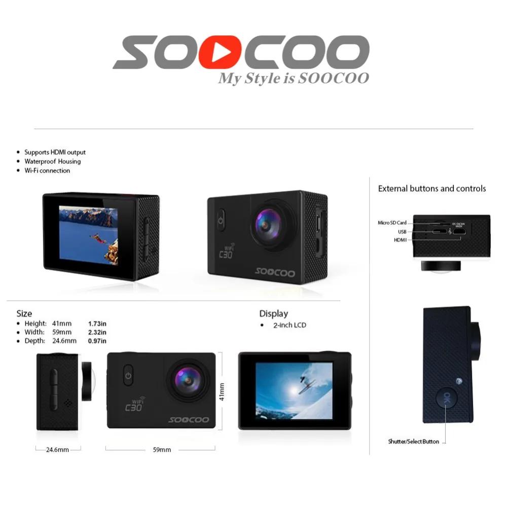 SOOCOO C30/C30R Спортивная Экшн-камера Wi-Fi 4 K гироскоп регулируемые углы обзора 170 градусов NTK96660 30 м водонепроницаемый