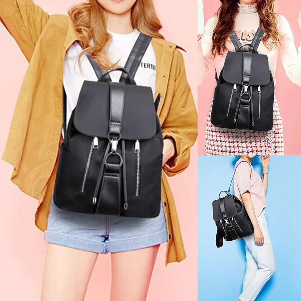 

Women Solid Color Nylon Waterproof Flap Zipper Bucket Tote Backpack Shoulder Bag