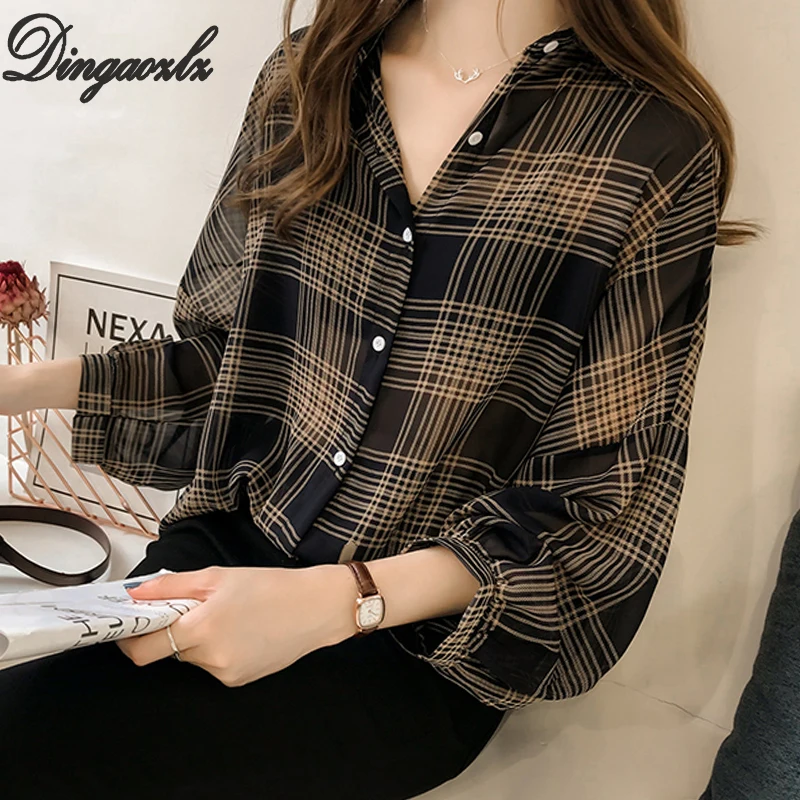 

Dingaozlz 2018 Autumn Chiffon blouse shirt Loose Female long sleeve Women clothing Plus size Casual Plaid Tops blusa feminina