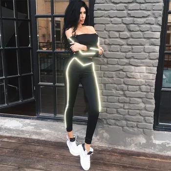 

Women 2 Piece Set Fluorescent Reflective Casual Sets Off The Shoulder Crop Top And Elastic Waist Pants Set Tracksuit