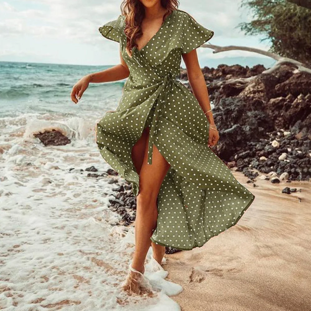 

new Vintage dress polka dot sexy chiffon women summer maxi dress Boho v neck sashes beach holiday dresses Party long dress @9