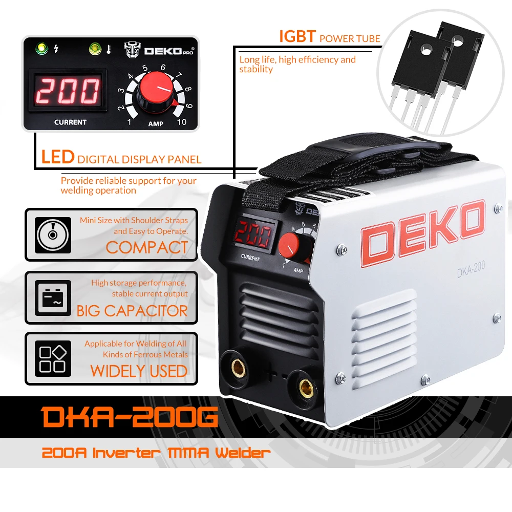 DEKO DKA Серия DC инвертор сварочный аппарат дуговой сварки 220V IGBT MMA сварочный агрегат 120/160/200/250 ампер для дома начинающих легкий эффективный