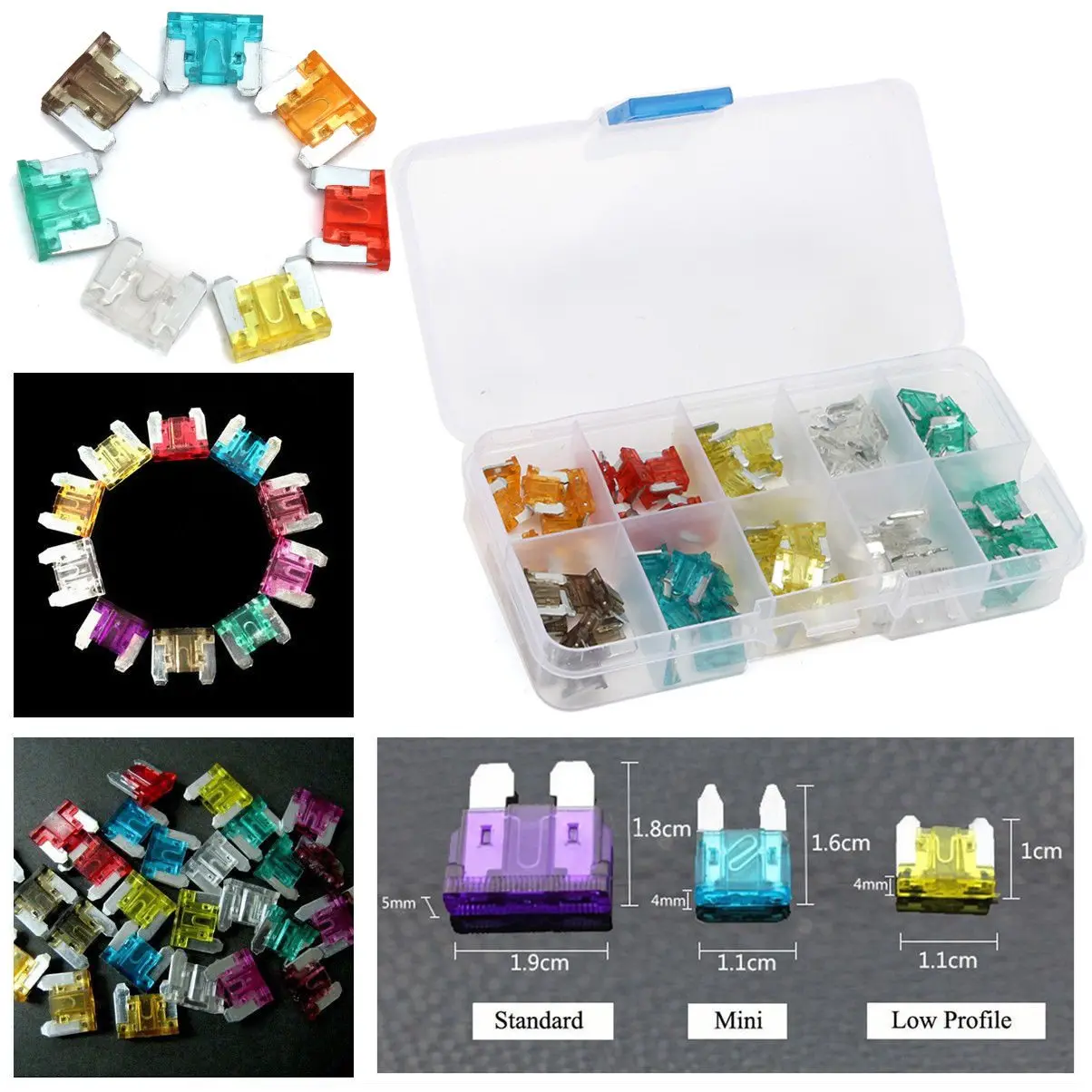 

100Pcs Colorful Autos DIY Medium Low Profile Fuse Box Kit 5 7.5 10 15 20 25 30A