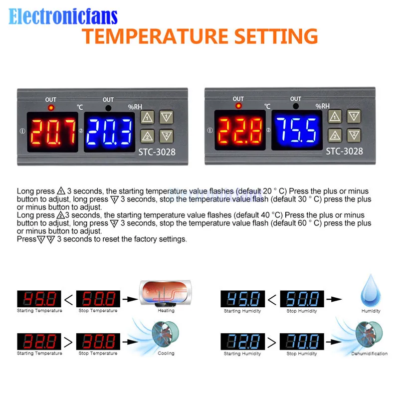 STC-3028 цифровой термостат контроль температуры и влажности термометр контроллер гигрометра DC 24V 12V 110V 220V гигрометр