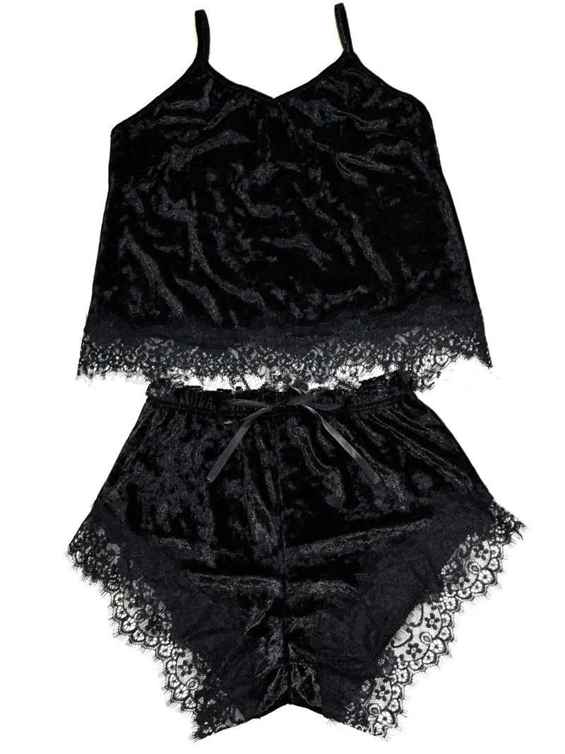 3 Colors Autumn Women Black Sleeveless Lace Pajamas Sets Velvet Cami Top And Shorts Pajama Set