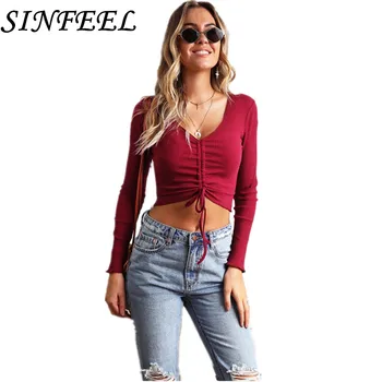

SINFEEL Women Sweater High Elastic Solid Sexy V neck Crop Top 2018 Fall Fashion Sweater Women Slim Lace up Knitted Pullovers