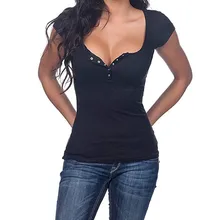 Camiseta Henley con cuello de pico para Mujer, Camisetas Básicas de Manga Corta con botones lisos, Camisetas para Mujer