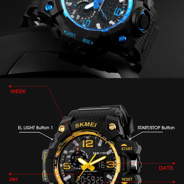 SKMEI Top Marka Sport Watch mężczyźni Military Digital zegarki 5Bar wodoodporne Dual Display zegarki na rękę Relogio męski 1155 tanie i dobre opinie Quartz Wristwatches Klamra Okrągłe Chronograph Stop Watch Week Display Swim Alarm Complete Calendar LED display Shock Resistant Multiple Time Zone Water Resistant Back Light SKMEI Top Marka Sport Watch mężczyźni Military Digital zegarki 5Bar wodoodporne Dual Display zegarki na rękę Relogio męski 1155 tanie i dobre opinie Quartz Wristwatches Klamra Okrągłe Chronograph Stop Watch Week Display Swim Alarm Complete Calendar LED display Shock Resistant Multiple Time Zone Water Resistant Back Light