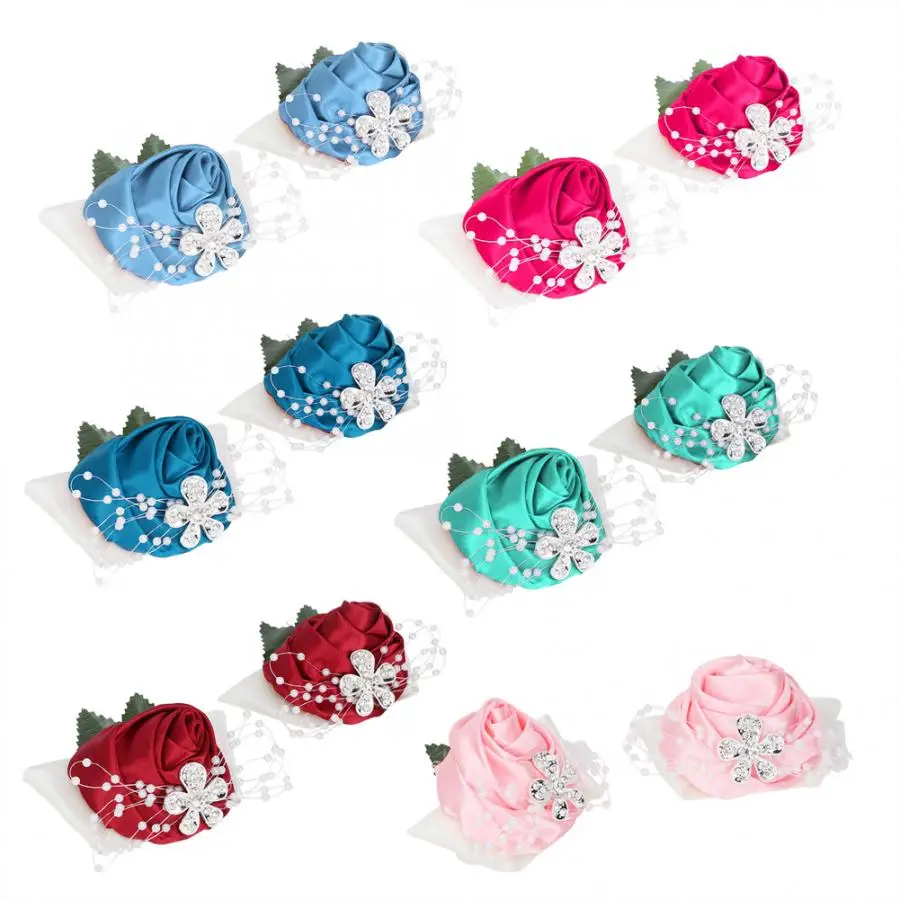 

2pcs Wedding Bridal Wrist Corsage Stain Silk Rose with Pearl Accessories Bridesmaid Girls Bracelet Crystal Wrist Flowe