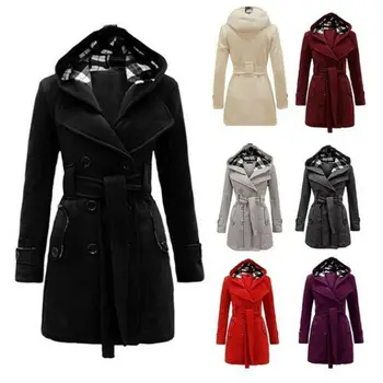 

Women Warm Jacket Wool Blends Hooded Winter Coat Outwear Long Tops Trench Twill Long Sleeve Straight Trench Coat With Cap