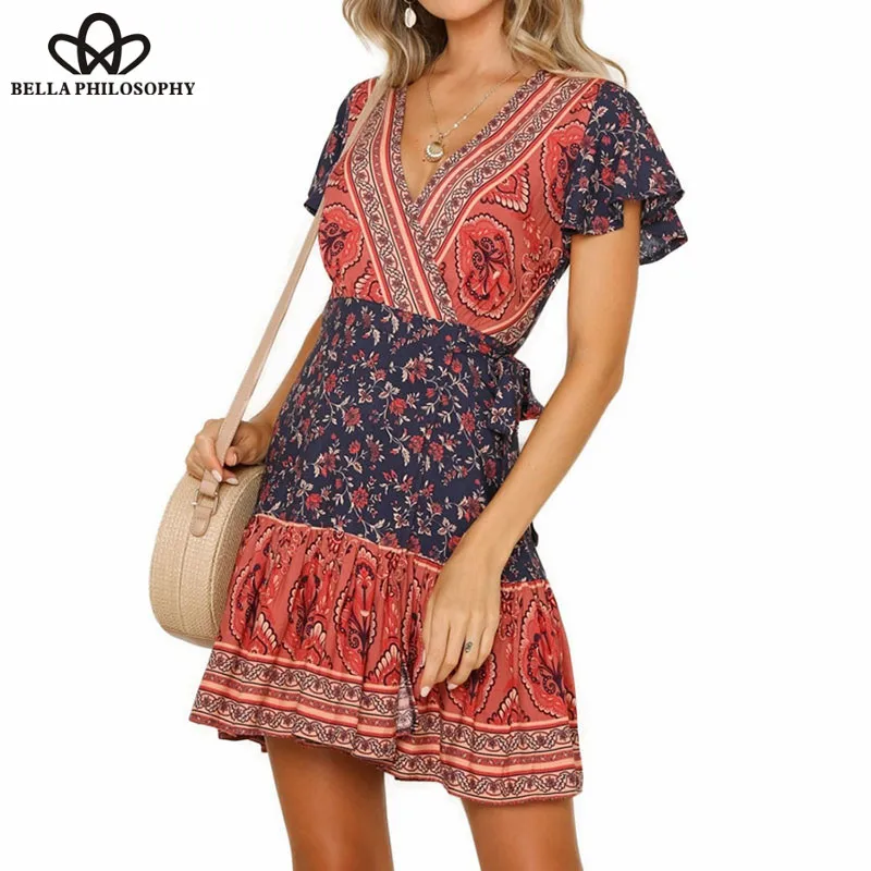 Wonder Floral Print Dress Women Mini Dress Vintage V-Neck Bohemian Beach Sundress Short Flare Sleeve Boho Dress Street S-XXL