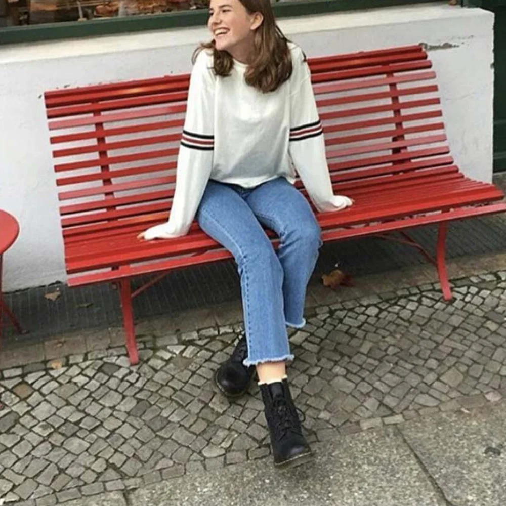 Ariana Grande Three-Color Striped Sleeves Sweatshirt Women Casual Harajuku Cute Blackpink Red Blue Pullovers Oversized Clothes Ariana Grande Three-Color Striped Sleeves Sweatshirt Women Casual Harajuku Cute Blackpink Red Blue Pullovers Oversized Clothes