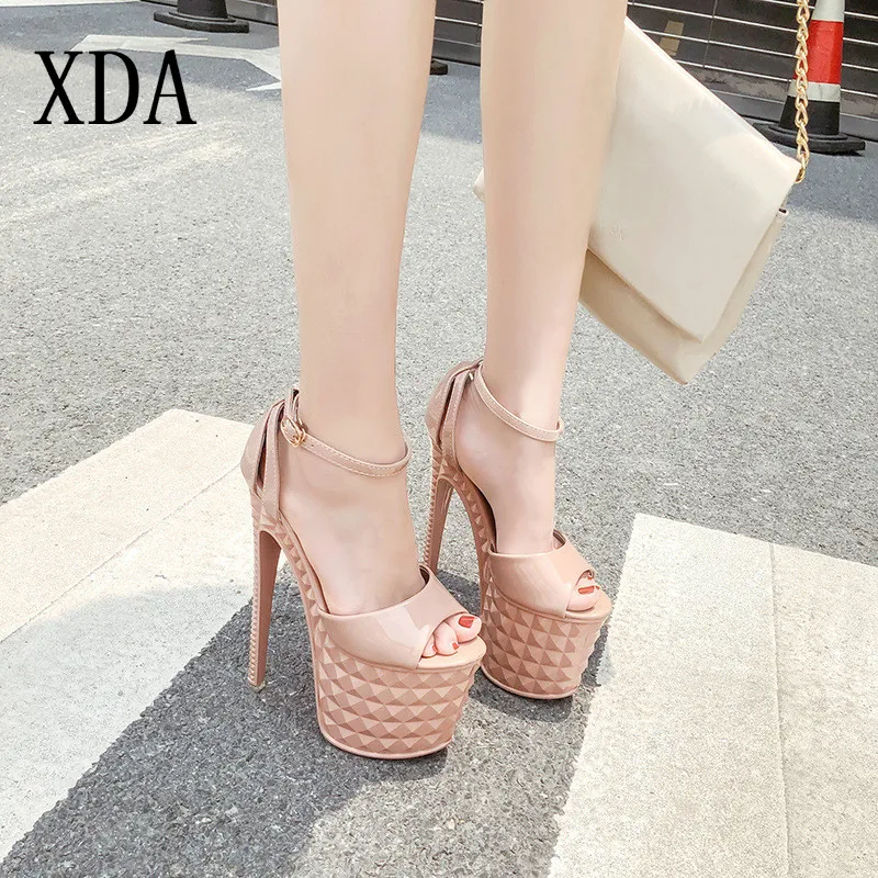 

XDA 2019 New PU Women's Sandals Thin High Heels Peep Toe Party Dress Office Black Apricot Platform sexy fashion Lady sandal D332