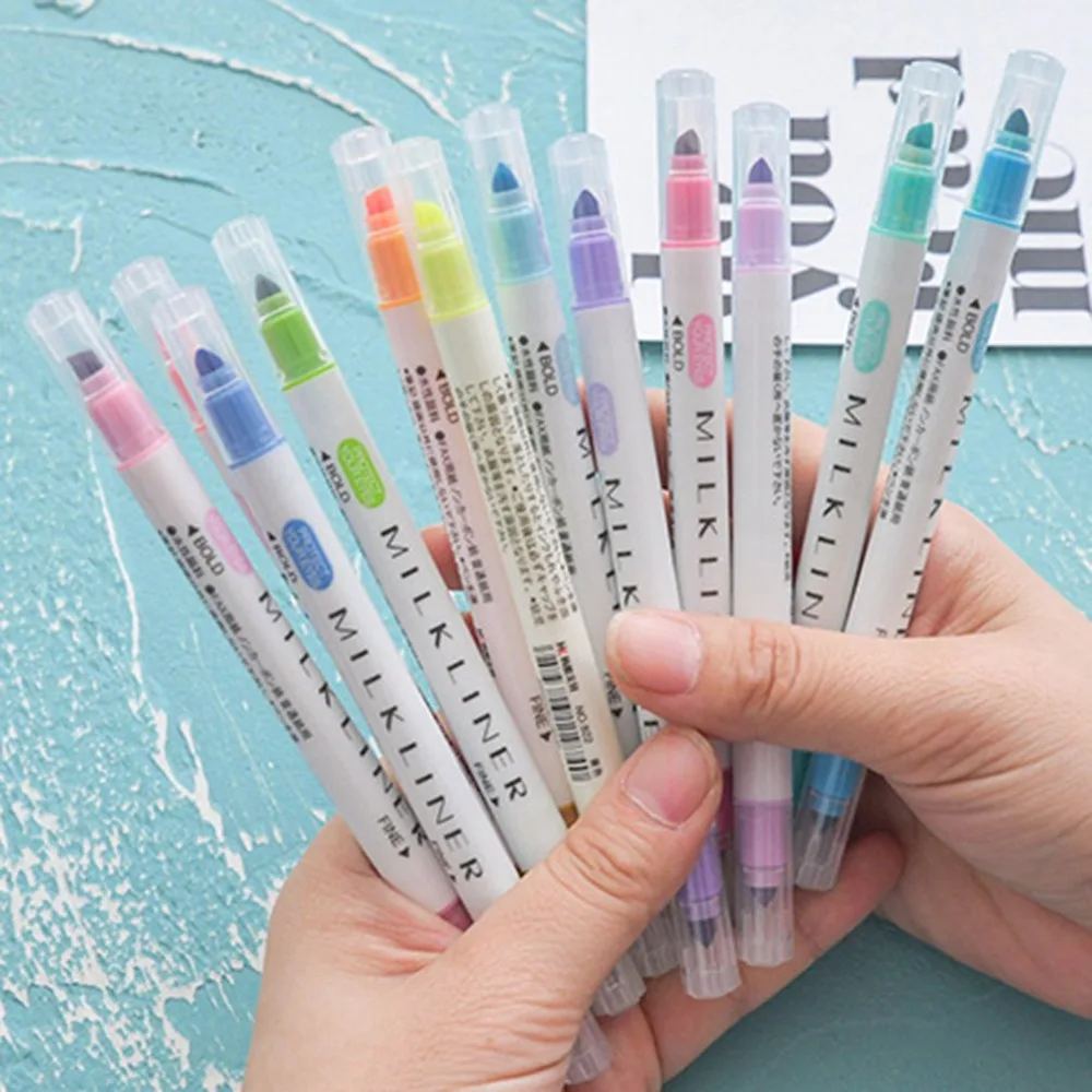 12pcs/set Highlighter Pens Stationery Mild Liner Double Headed Fluorescent Pen 12 Colors Mark Pen Cute