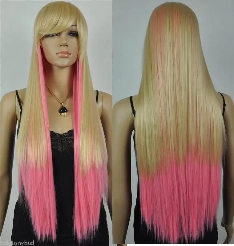 

FREE P&P^^^^^^^^Light Blonde and Pink mix wig long straight wig cosplay wig club party wigs