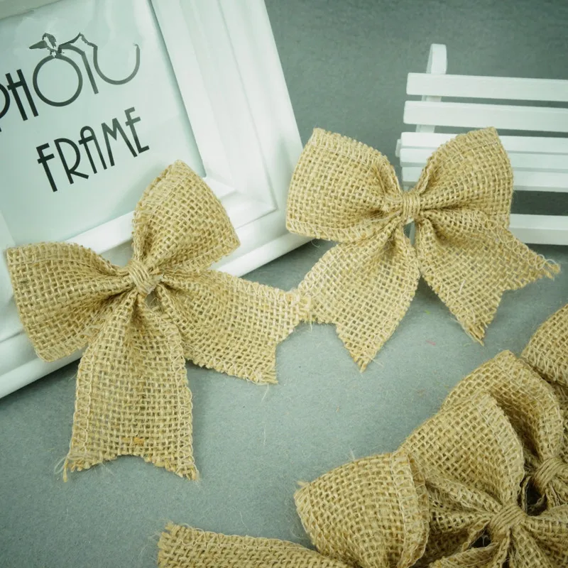 

10pcs/lot Natural Jute Burlap Hessian Flower bowknot decoracion vintage christmas decorations wedding decor DIY craft supplies