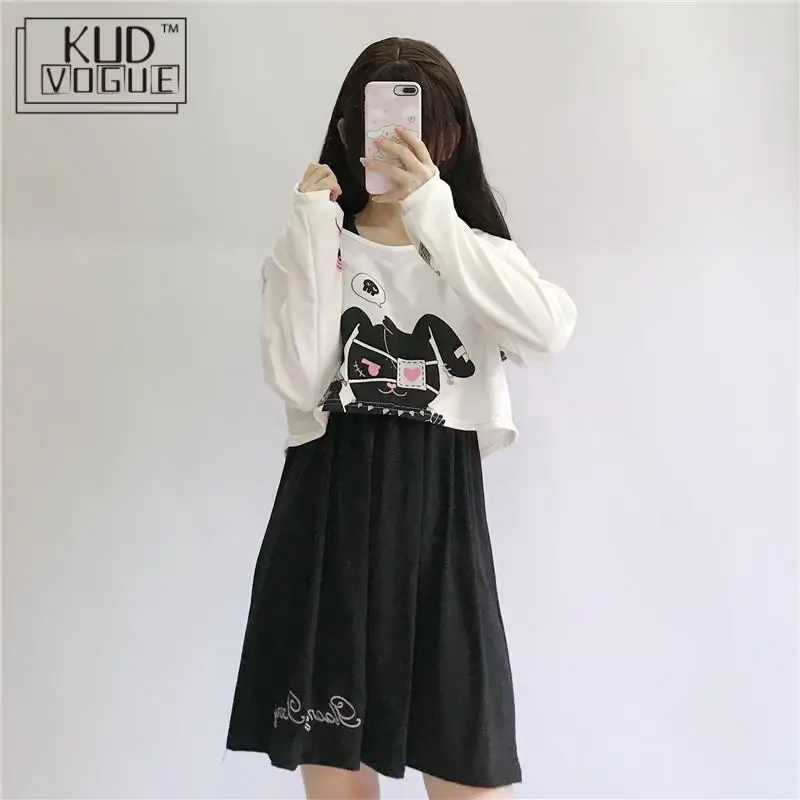 Lolita Dress 2pcs Suit Sweet Cotton Dress Short Cute Bunny Print Long Sleeves Set Japanese Teens Kawaii Girls