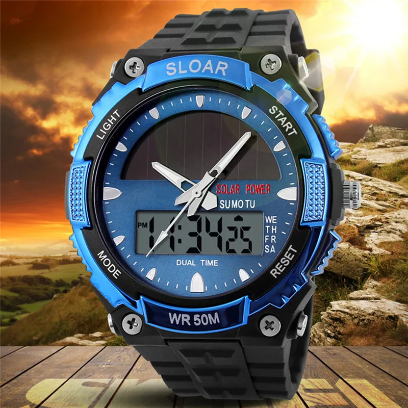 2017 New Men Sports Solar Power Dual Time Display Water Resistant Electronic Silicone Strap
