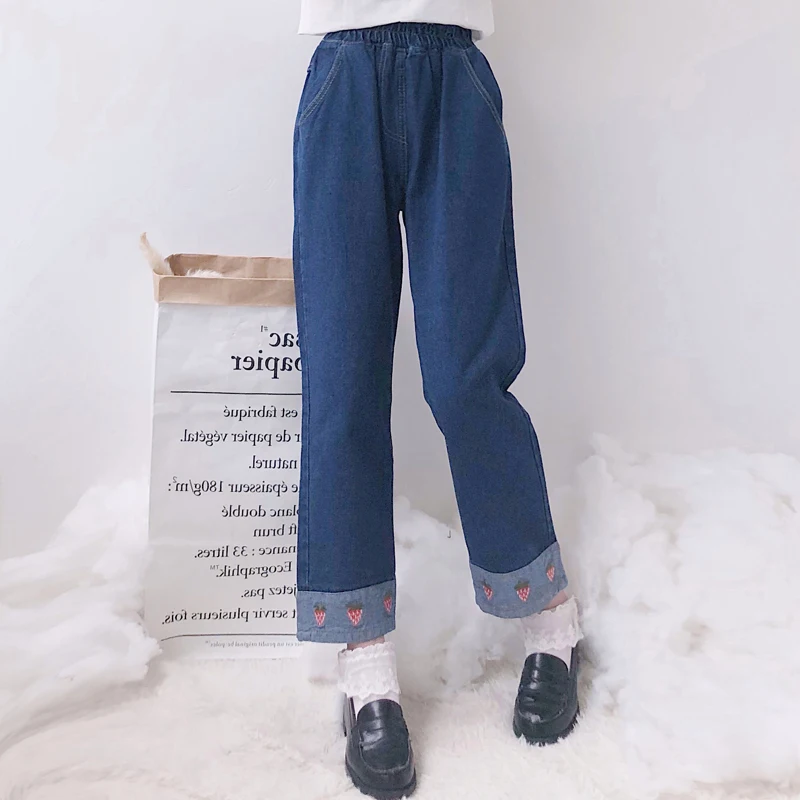 Осенние женские штаны, новые японские Харадзюку каваи, свободные, высокая талия, милая Клубничная вышивка, джинсы для женщин