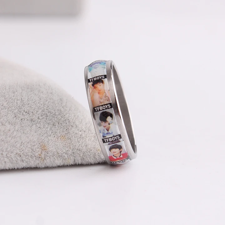 

free shipping wide 4mm TFBOYS photo drop oil 316L Stainless Steel finger rings for women wholesale