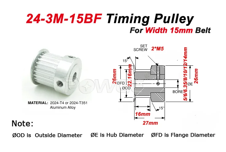 POWGE 3 шт. 24 зубы 3 м зубчатый шкив Bore5/6/6,35/8/10/12/14 мм+ 3 М PU HTD 3 м ремня W = 15 мм 24 T 24Teh 3 м ременный шкив