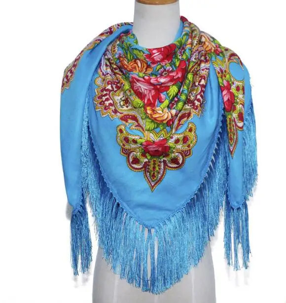  Women Russian Flower Printing Oversize Square Shawl Blankets Wedding Tassel Scarf Retro Style Cotto