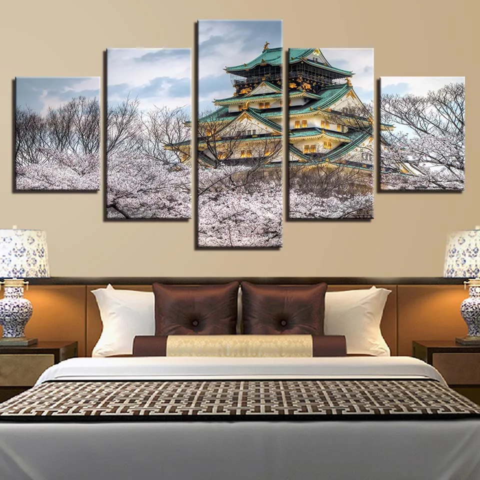 

Canvas HD Printed Wall Art Pictures Home Decor 5 Pieces Simple And Elegant Osaka Castle Museum Paintings Cherry Blossoms Posters