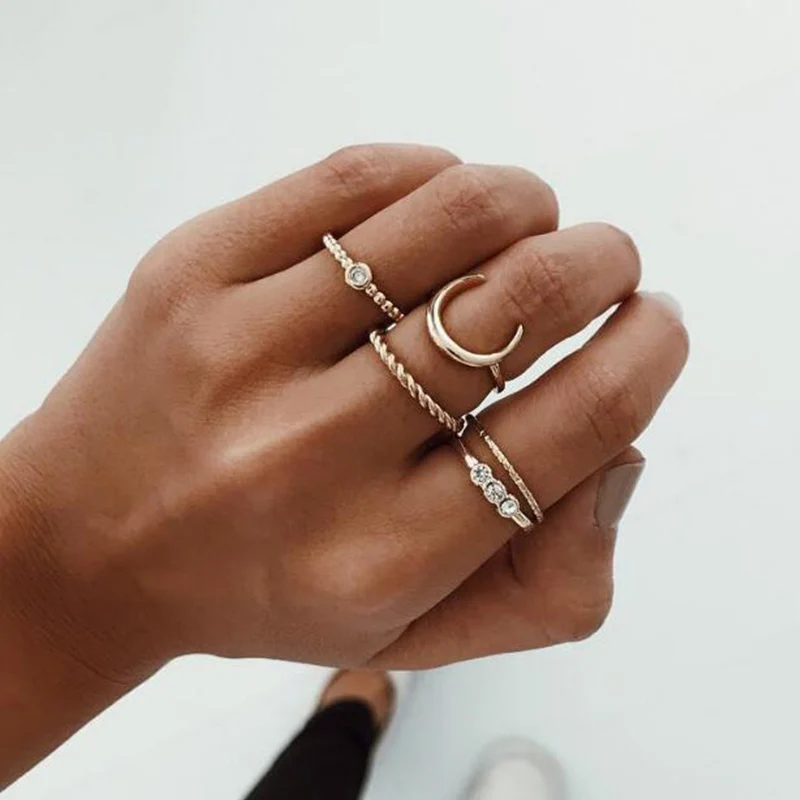 

Hot 5pcs/set Moon Crystal Spirals Shape Gold Color Ring Set Bohemian Charms Rings for Female Women Jewelry Gift