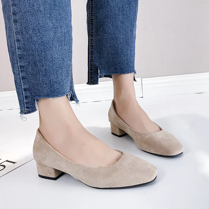 

HEE GRAND 2019 Spring Med Square Heels Women Slip On Pumps Solid Square Toe Flock Ladies Shoes Casual Fashion Footwear XWD7394