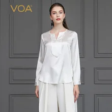Voa шёлковый белый атласный футболка, базовая офисная работа, женские топы с длинными рукавами, женская мягкая футболка, осенняя гладкая верхушка, плюс размер, Повседневная B0123